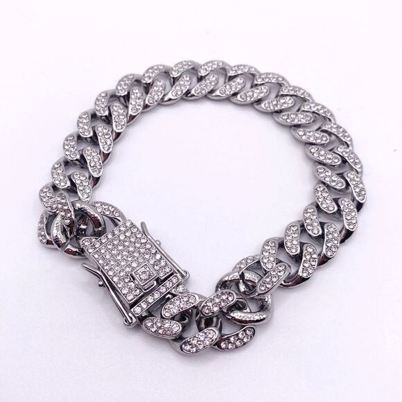 Silver Tone Cuban Link Full Rhinestones Pave Alloy Bracelet - Picture 1 of 6
